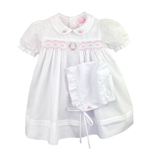 White and Pink Flower Embroidered Smocked Dress Set | Newborn