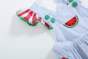 Light Blue Seersucker and Gingham Watermelon Ruffle Romper | 3-6M 6-12M 12-18M