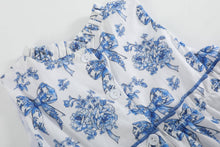 Blue and White Bow and Flower Print Layered Ruffle Dress | 2T 3T 4T
