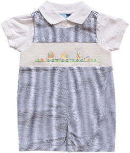 Blue Striped 2 Piece Easter Smocked Seersucker Shortall Set | 6-9 Months