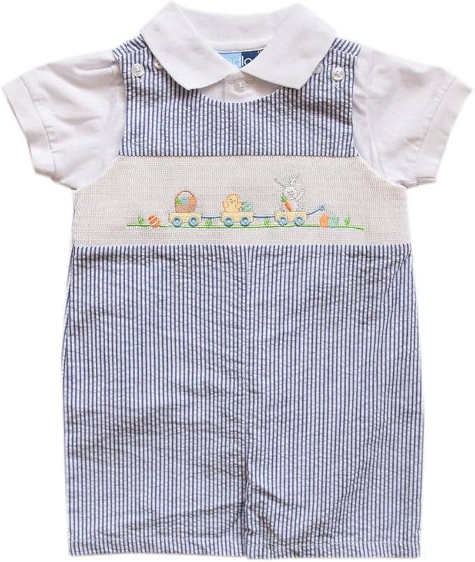 Blue Striped 2 Piece Easter Smocked Seersucker Shortall Set | 3-6 6-9 24 Months