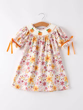 Fall Thanksgiving Pumpkin Embroidered Smocked Floral Dress | 2 3 4 5 6 Years