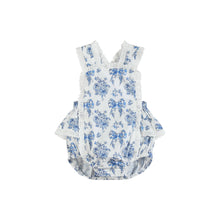 Blue and White Vintage Floral Bow Print Apron Ruffle Romper | 3-6M 6-12M 12-18M