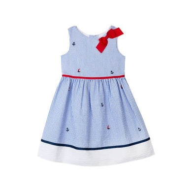 Blue Seersucker Nautical Embroidered Dress | Little Girls 4 5 6 6X