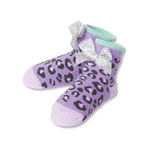 Purple and Silver Cheetah Bow Socks * 0-12 Months