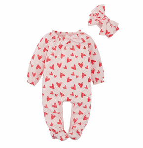 Valentine's Day Heart Footed Sleeper and Bow Head Wrap * 0-3 Months