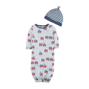 All Boy Blue Fire Truck Take-Me-Home Bamboo Gown Set with Hat | 0-3 Months