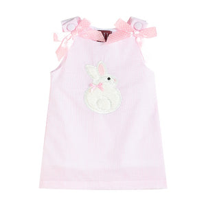 Pink Seersucker Fuzzy Bunny Applique Swing Dress | 4T 5T