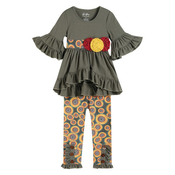 Gray & Yellow Medallion Hi-Low Ruffle Dress & Pant | 2-3T 3-4T