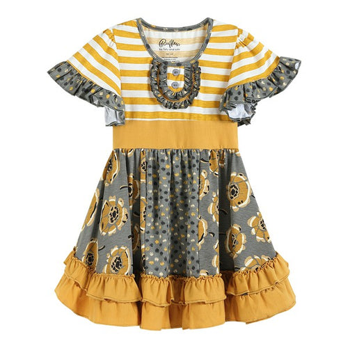 Mustard and Floral Dress with Ruffled Sleeves and Back Bow * 2-3T 4-5T 5-6Y