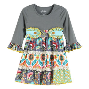 Gray & Turquoise Lace Floral A-Line Dress * 3-4T