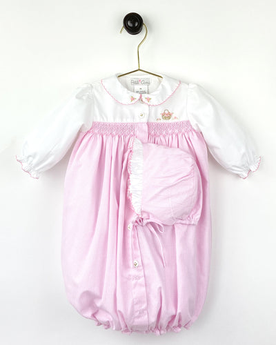 Baby Girls Embroidered Pink Check Convertible Gown & Bonnet Set | 6 Months