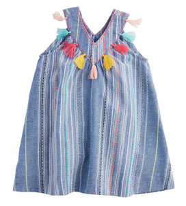 Rainbow Floral Chambray Tassel Dress | 12-18M or 4T