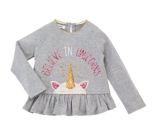 Dream in Glitter Gray Believe in Unicorns Ruffle Tee by Mud Pie * 12-18 Months