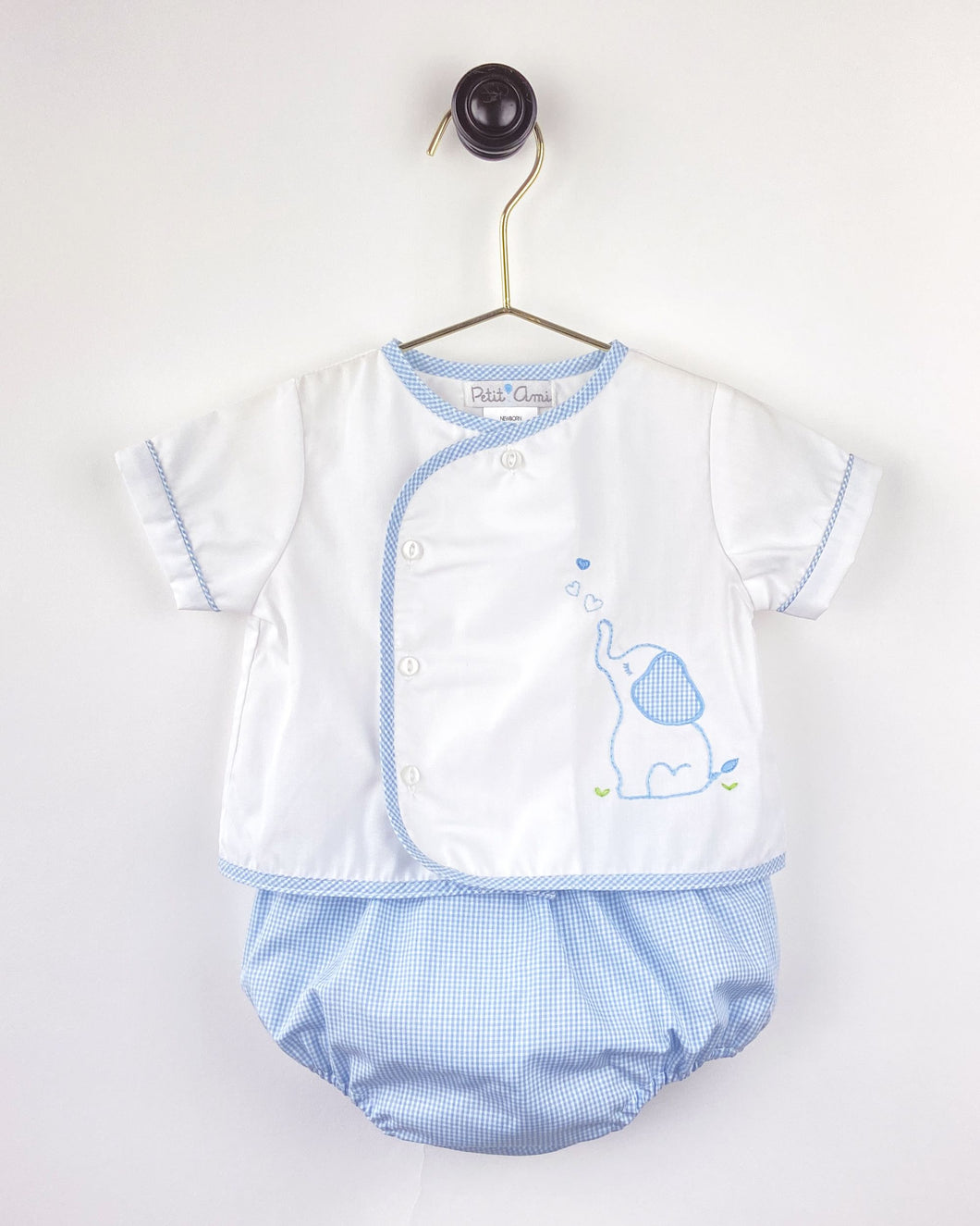 Blue Gingham Elephant Applique Diaper Set | Newborn 3 6 Months