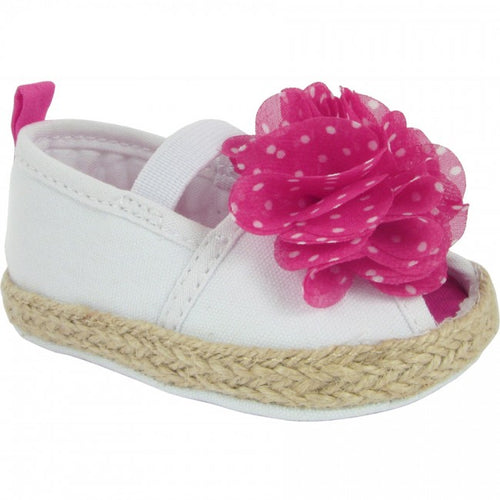 Baby Deer White Canvas Espadrille with Fuchsia Polka Dot Chiffon Flower | Size 2