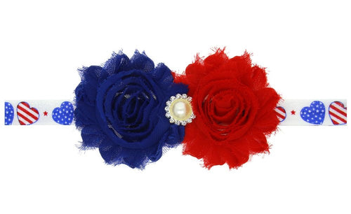 Patriotic/4th of July Red White Blue Shabby Flower Jeweled Flag Heart Headband