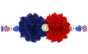 Patriotic/4th of July Red White Blue Shabby Flower Jeweled Flag Heart Headband