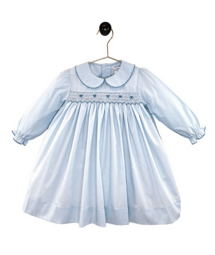 Light Blue Swiss Dot Smocked Bow Dress with Bloomers | 6 Months