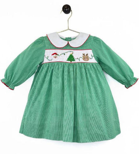 Christmas Santa Reindeer Smocked Green Check Dress Set | 3 Months
