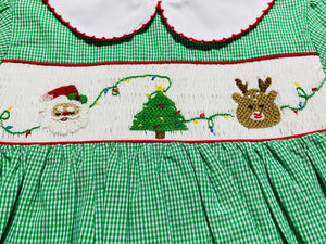Christmas Santa Reindeer Smocked Green Check Dress Set | 3 Months