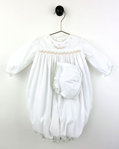 White Smocked Embroidered Convertible Gown Longall with Bonnet | 6 or 9 Months