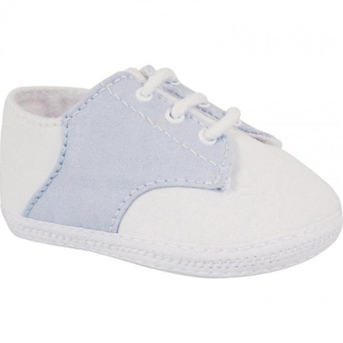 White and Light Blue Cotton Batiste Saddle Oxford Crib Shoes  | Size Preemie 00 0 1 2 3