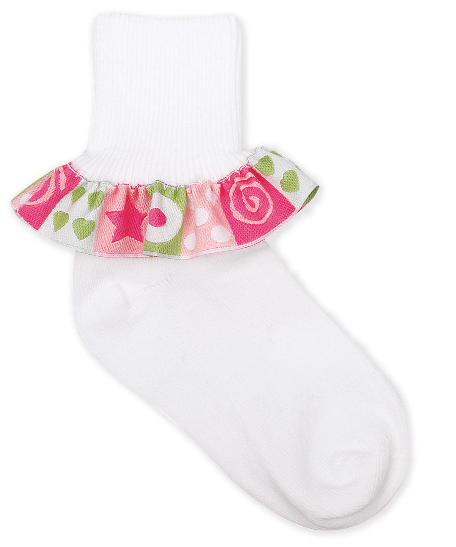 Pink & Green Printed Ruffle Socks | TOD XS