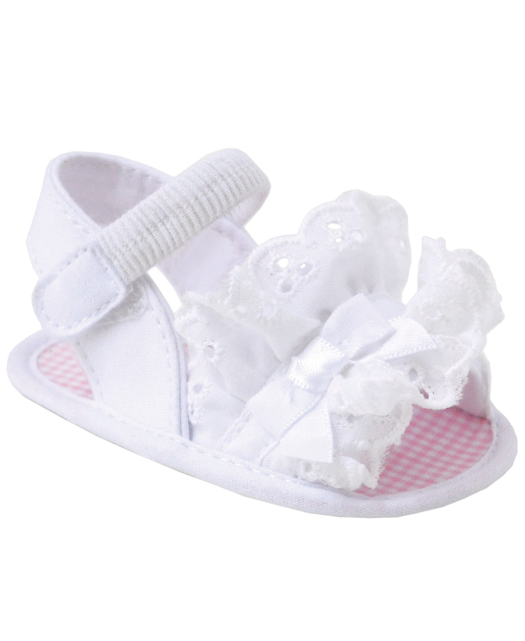 White Broadcloth Sandal with Eyelet Ruffle | Baby Size 0 1 2