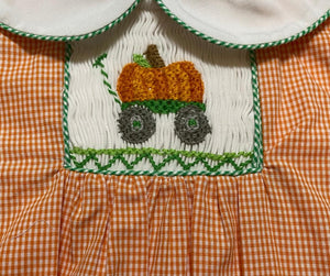 Orange Check Wagon Pumpkin Smocked Boys Romper | 6 or 9 Months
