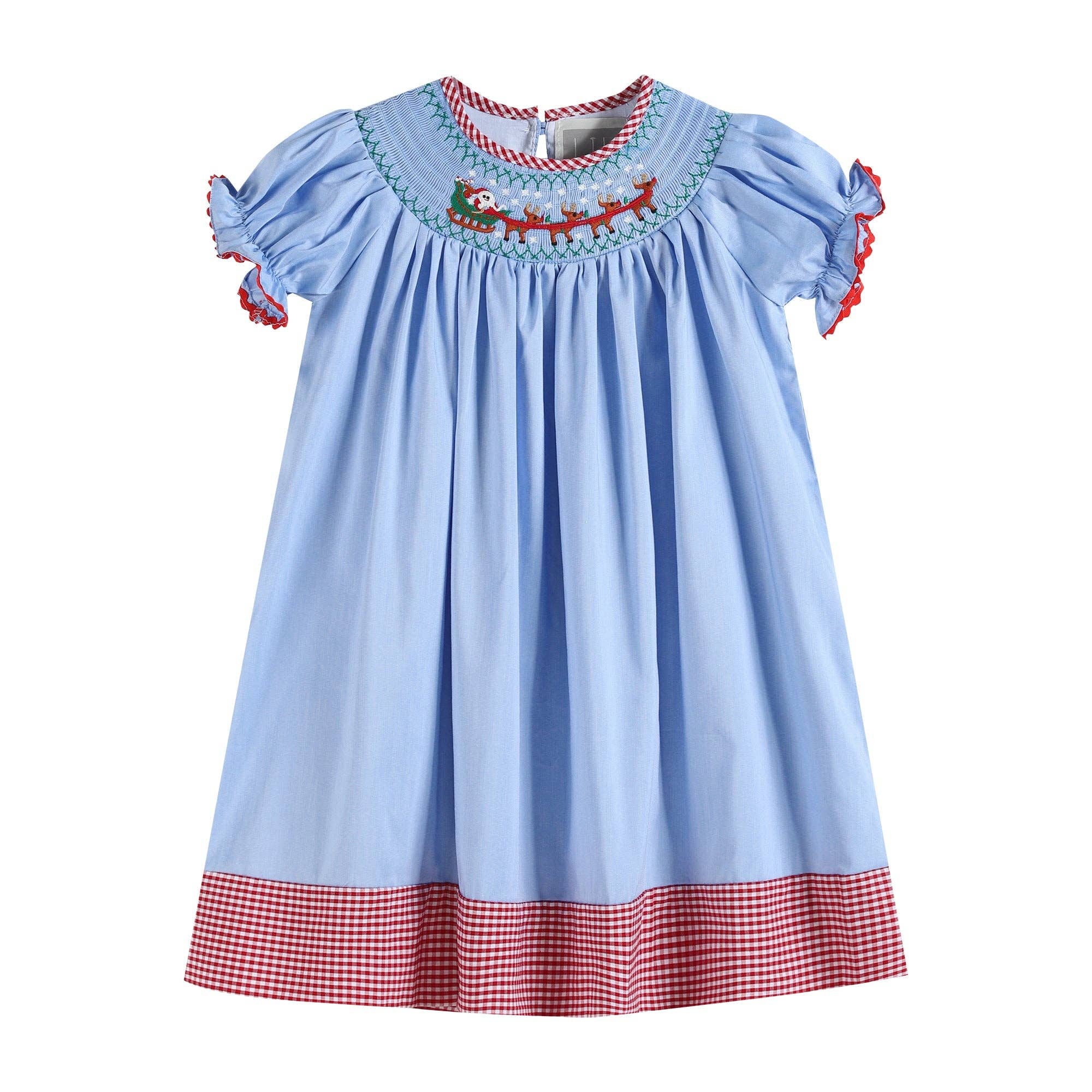 Light Blue Santa and Sleigh Christmas Smocked Bishop Dress | 3-6M 6-12 Little Footprints Children's Shop Light Blue Santa and Sleigh Christmas Smocked Bishop Dress | 3-6M 6-12 Little Footprints Children's Shop