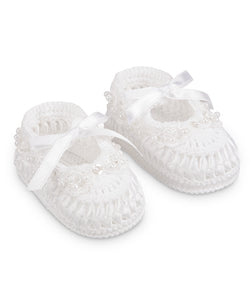 White Pearl Ribbon Crochet Booties * Newborn