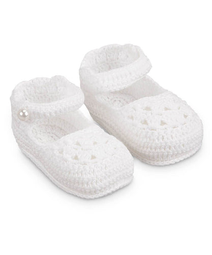 White Mary Jane Crocheted Booties with Pearl Button * Newborn