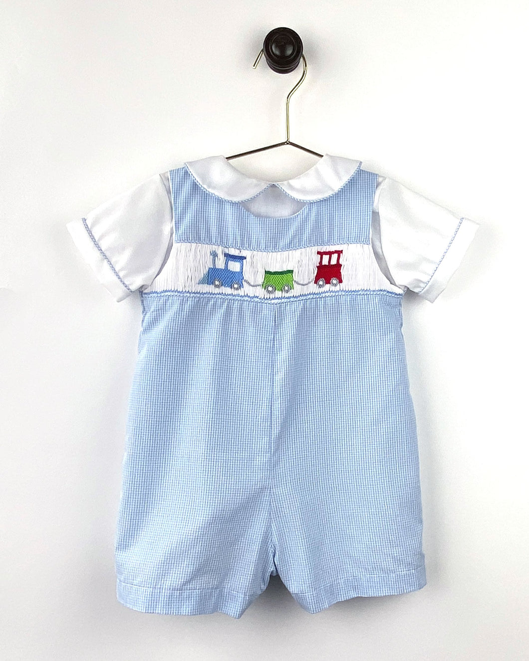 Blue Check Train Smocked Romper | 18 Months
