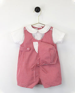 Red Gingham Romper with Side Tabs and Hat | 3 or 9 Months