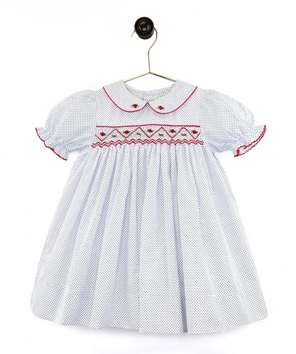 Blue Dot Red Embroidered Smocked Dress with Bloomers | 24 Months