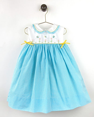 Turquoise Gingham Butterfly Embroidered Sundress Set | 12 18 24 Months