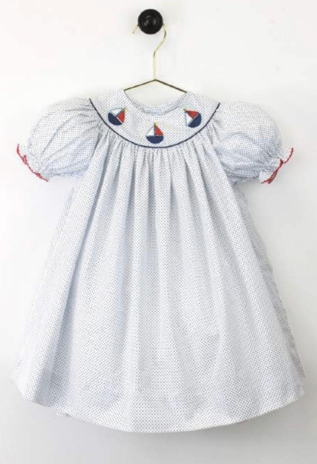 White Navy Dot Embroidered Sailboat Dress | 12 18 24 Months
