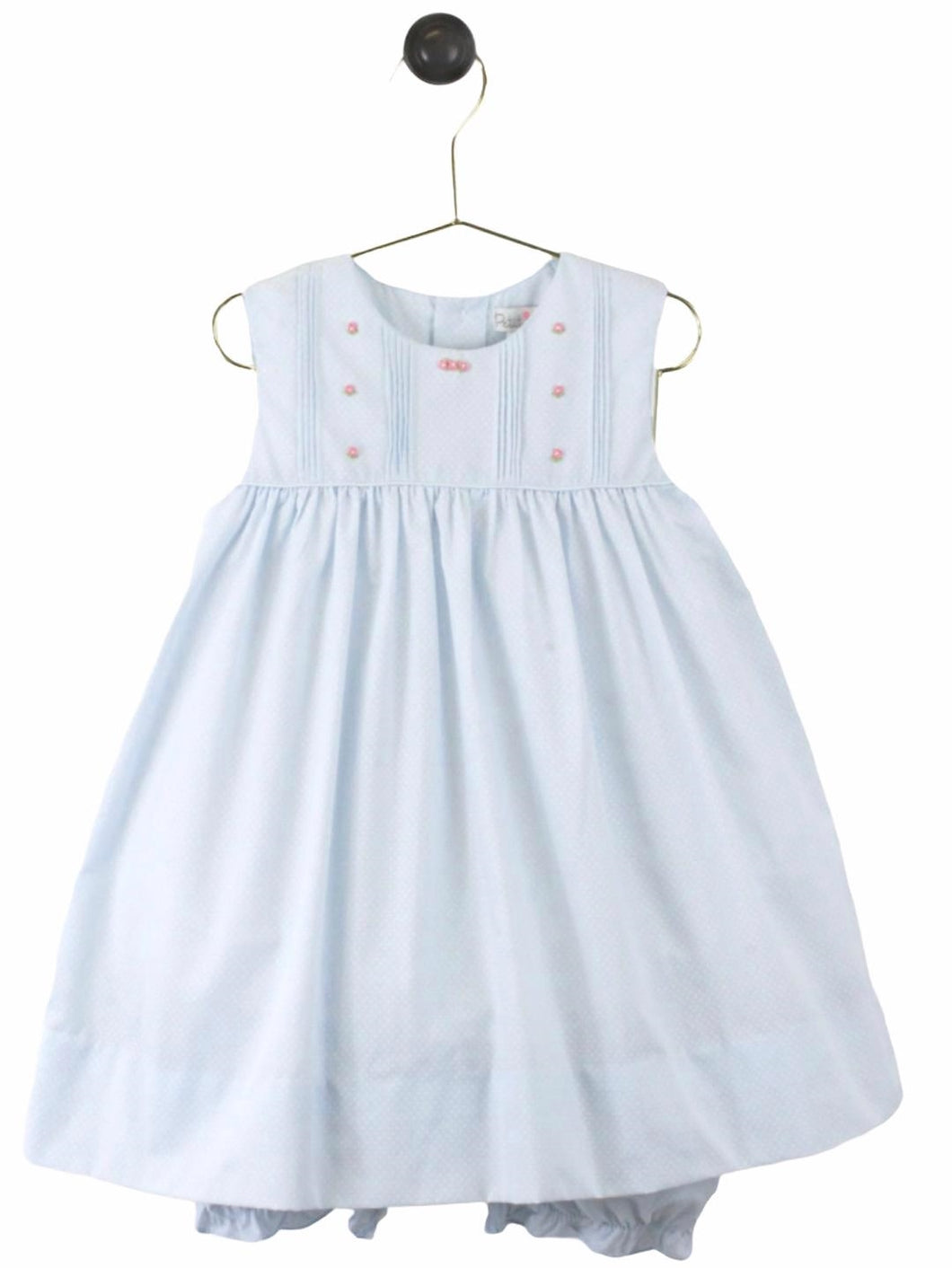 Light Blue Dot Dress Set with Pintucks and Emboidery | 24 Months