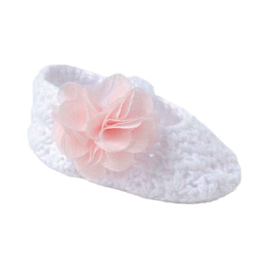 White Crocheted Shoes with Pink Flower | Newborn Girls