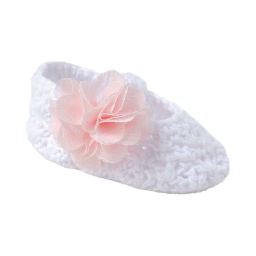 White Crocheted Shoes with Pink Flower | Newborn Girls