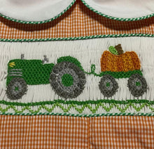 Orange Check Pumpkin Tractor Smocked Romper | 12 Months