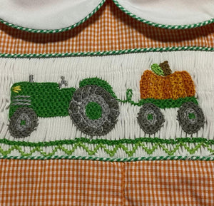 Orange Check Pumpkin Tractor Smocked Romper | 12 Months
