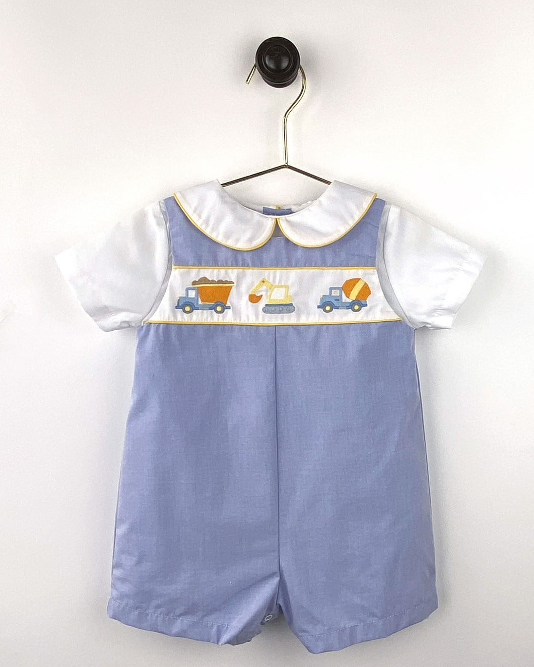 Blue Chambray Construction Embroidered Romper | 12 18 24 Months