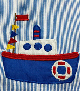 Blue Stripe Sunsuit Romper with Tugboat Applique | 18 Months