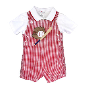 Red Check Baseball Applique Shortall with Shirt | 12 18 24 Months