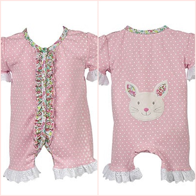 Bunny Pink Polka Dot Floral Romper by Maison Chic | 0-6M 6-12M