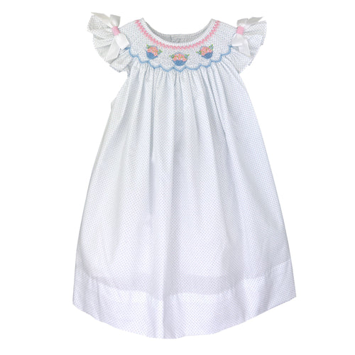 Blue Dot Dress with Smocked Flower Baskets & Ribbon Bows | 3T or 4T
