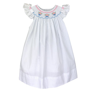 Blue Dot Dress with Smocked Flower Baskets & Ribbon Bows | 3T or 4T