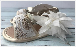 Ivory Lace Champagne Sandals with Chiffon Flower by Baby Deer | Baby Size 1 2 3